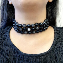 Pave Diamond & Black Beads Beaded Choker Necklace