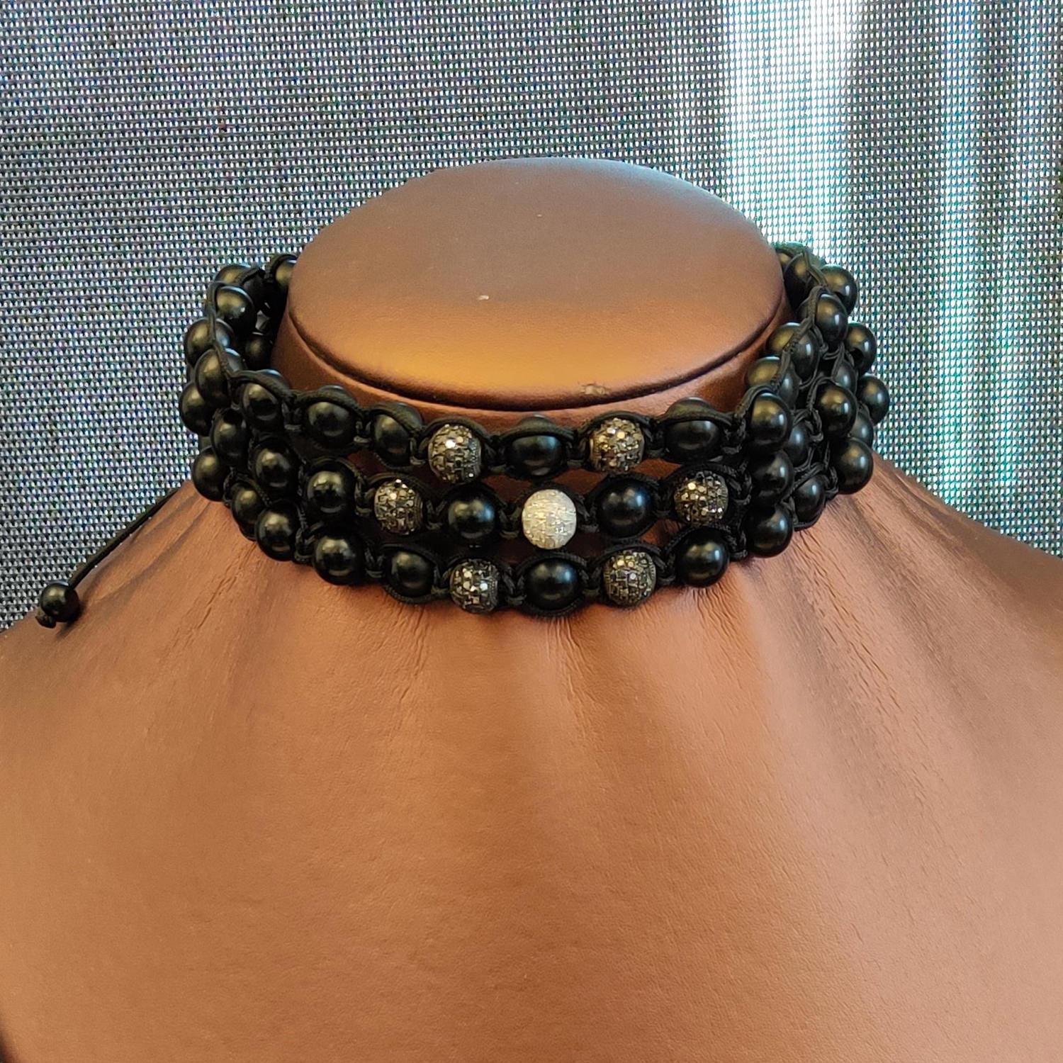 Art Deco Pave Diamond & Black Beads Beaded Choker Necklace For Sale