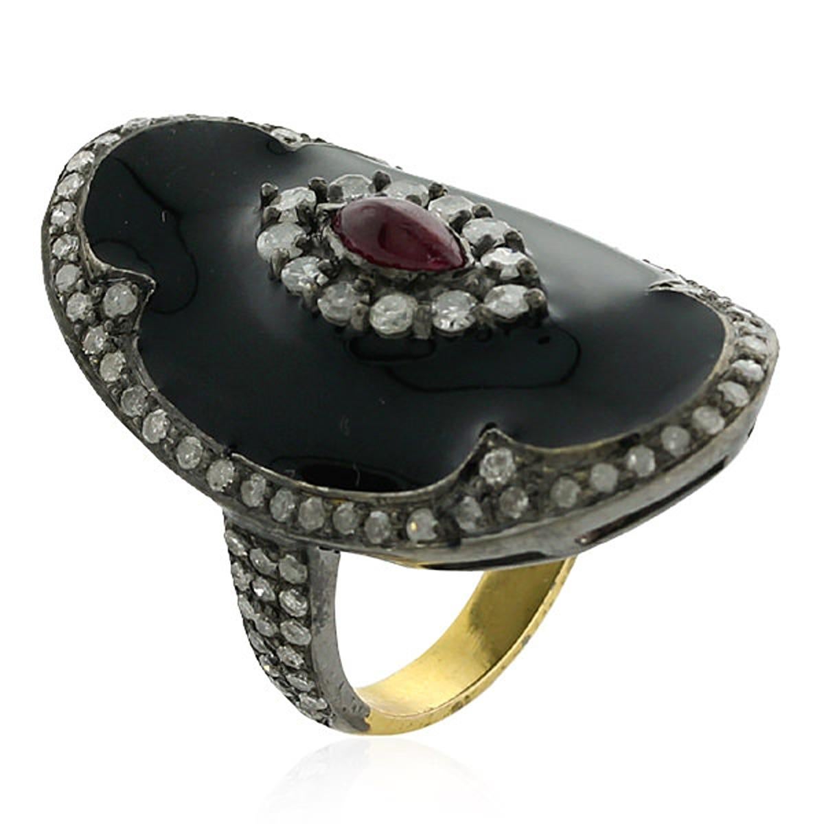 Mixed Cut Pave Diamond Black Enamel Ring With Ruby Made In 18k Yellow Gold & Silver For Sale