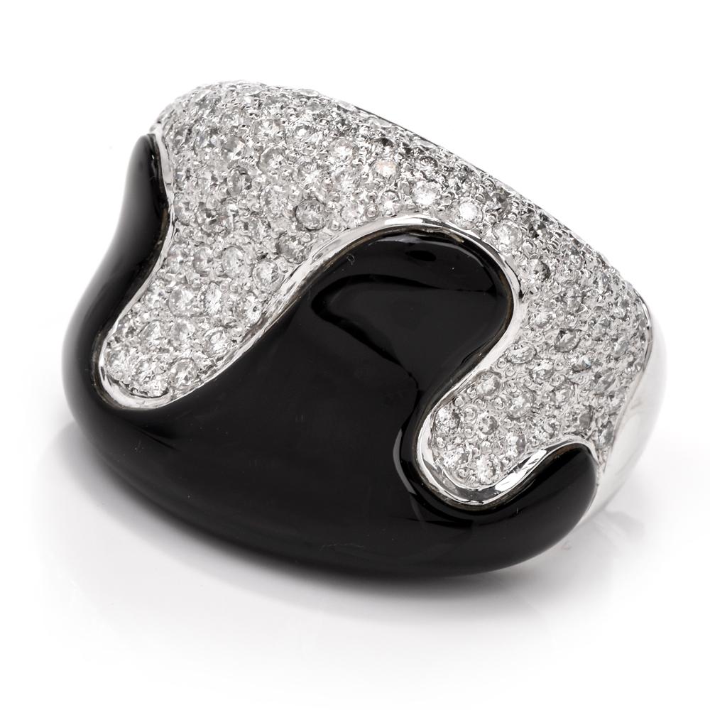 Pave Diamond Black Onyx Wide Cocktail Band Ring 1