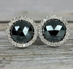 Pave Diamond Black Spinel Round Stud Earring 14k White Gold