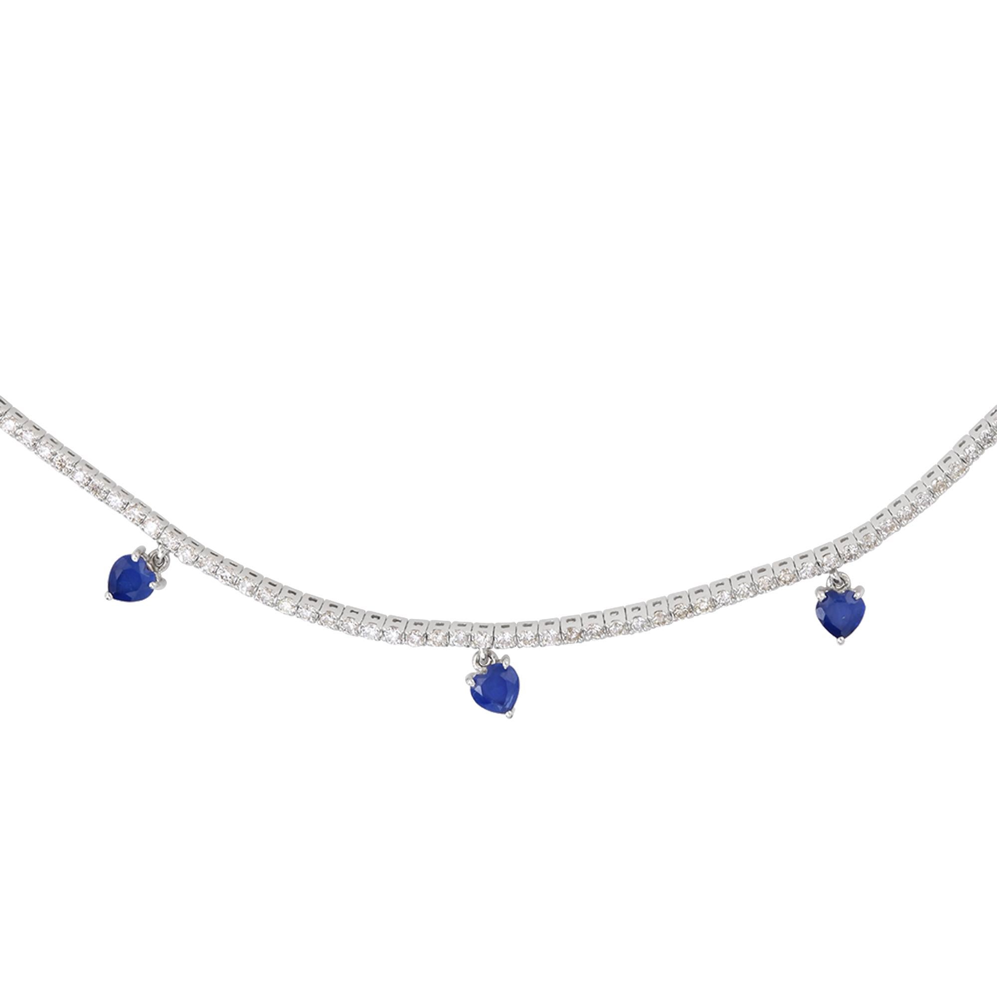 Moderne Pave Diamond Blue Gemstone Heart Cut Charms Choker Necklace 14k White Gold en vente