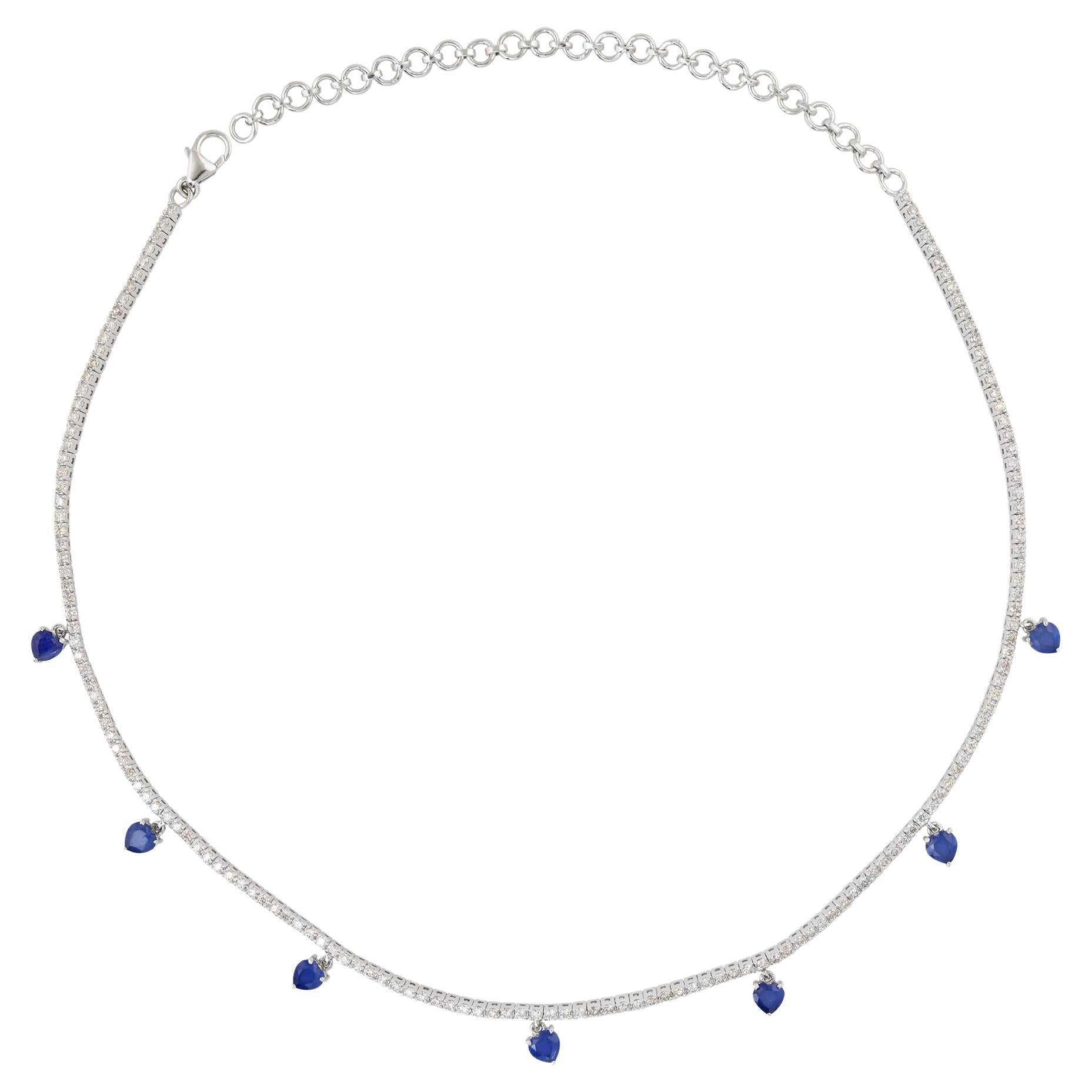 Pave Diamond Blue Gemstone Heart Cut Charms Choker Necklace 14k White Gold en vente