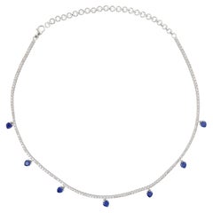Pave Diamond Blue Gemstone Heart Cut Charms Choker Necklace 14k White Gold