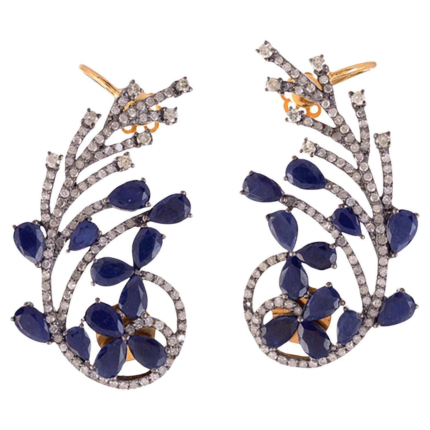 Pave Diamond & Blue Sapphire Cuff Earrings In 18k Yellow Gold For Sale