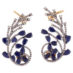 Pave Diamond & Blue Sapphire Cuff Earrings In 18k Yellow Gold