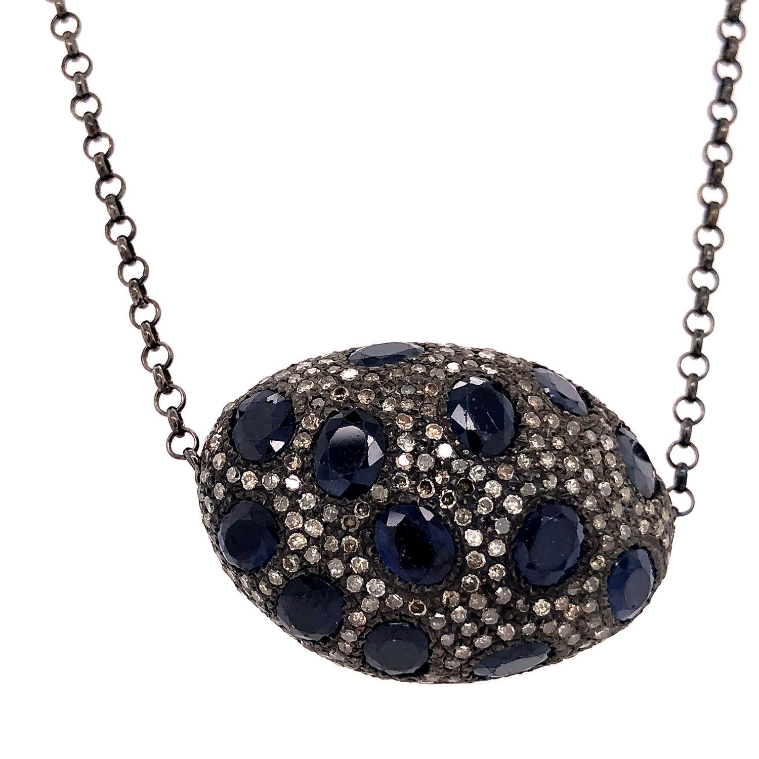 Artisan Pave Diamond & Blue Sapphire Nugget Shaped Pendant Necklace in Silver For Sale