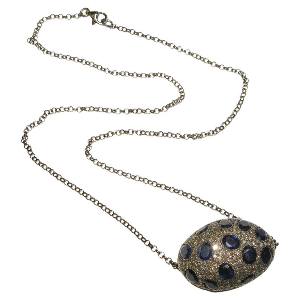 Pave Diamond & Blue Sapphire Nugget Shaped Pendant Necklace in Silver For Sale