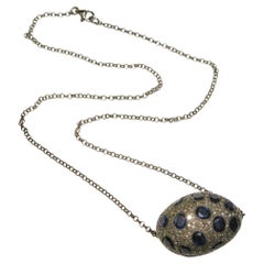 Pave Diamond & Blue Sapphire Nugget Shaped Pendant Necklace in Silver