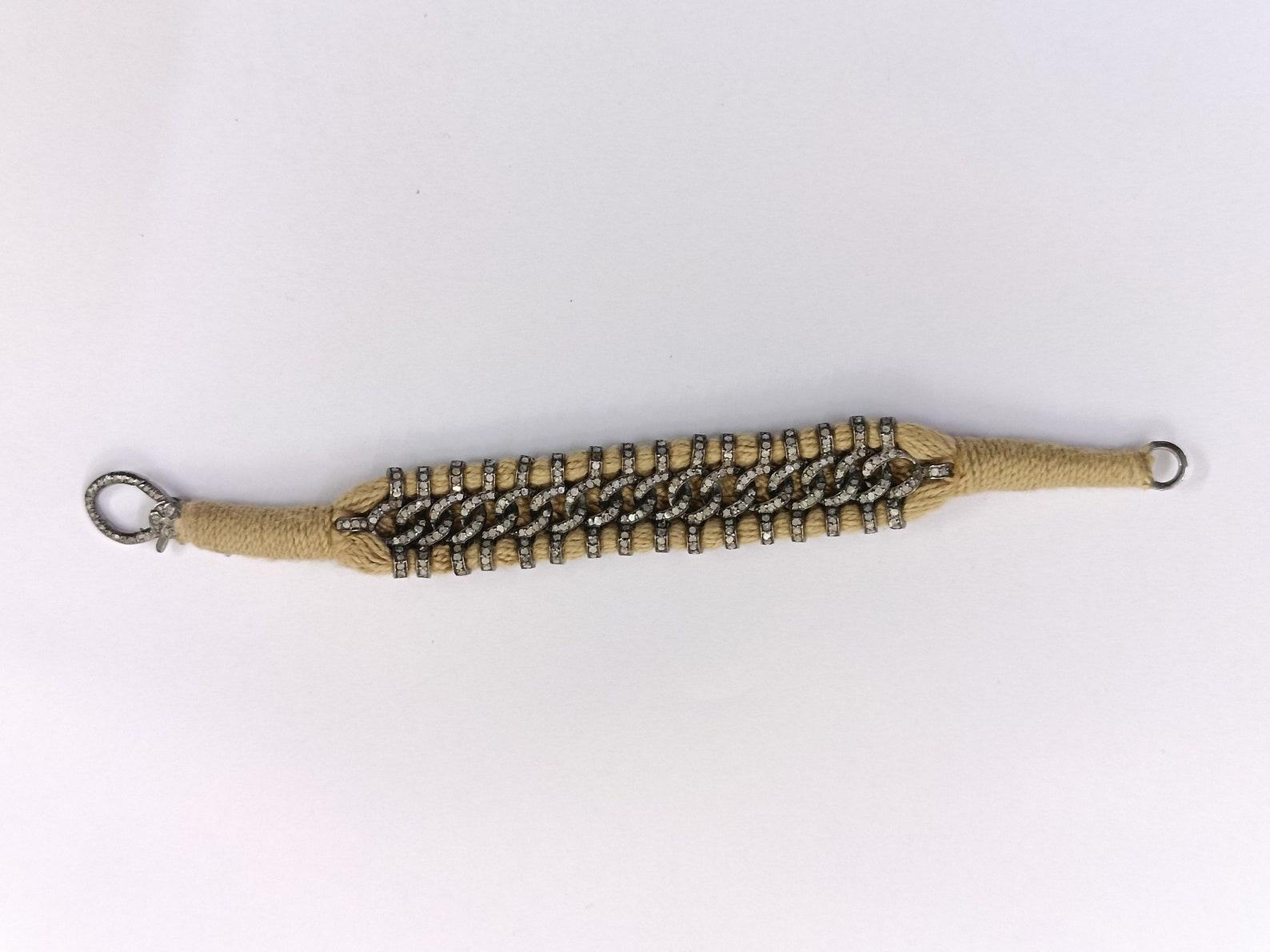 Round Cut Pave Diamond Bracelet Antique Jewelry 925 Sterling Silver Thread Macrame Work. For Sale