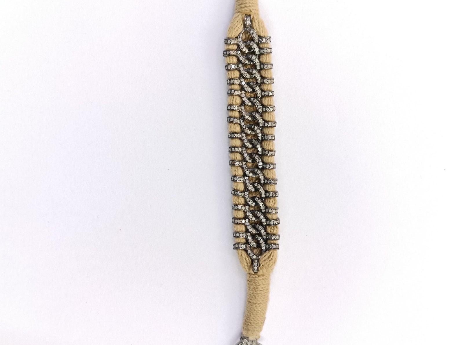 Pave Diamond Bracelet Antique Jewelry 925 Sterling Silver Thread Macrame Work. In New Condition For Sale In Chicago, IL