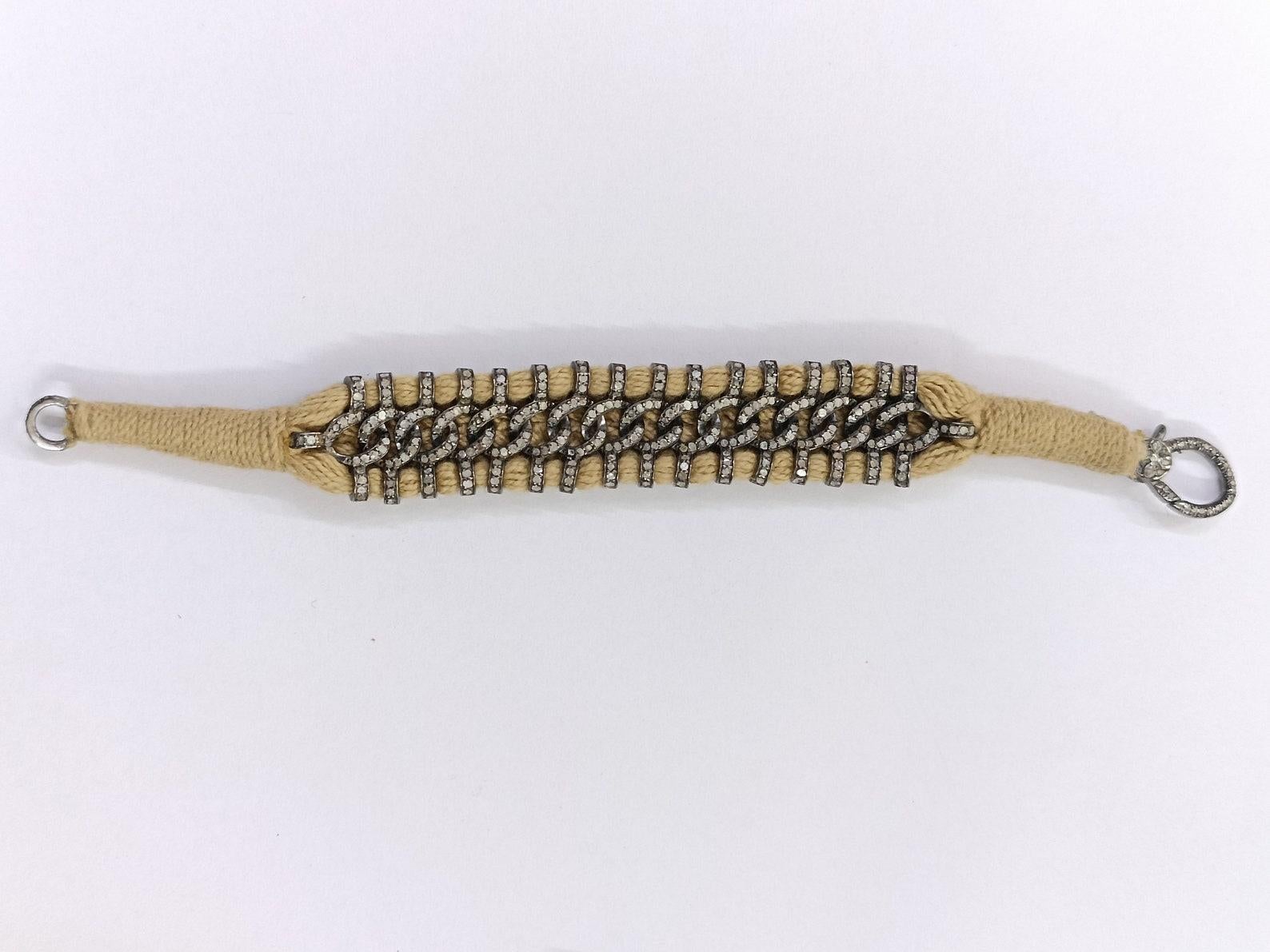 Women's or Men's Pave Diamond Bracelet Antique Jewelry 925 Sterling Silver Thread Macrame Work. For Sale