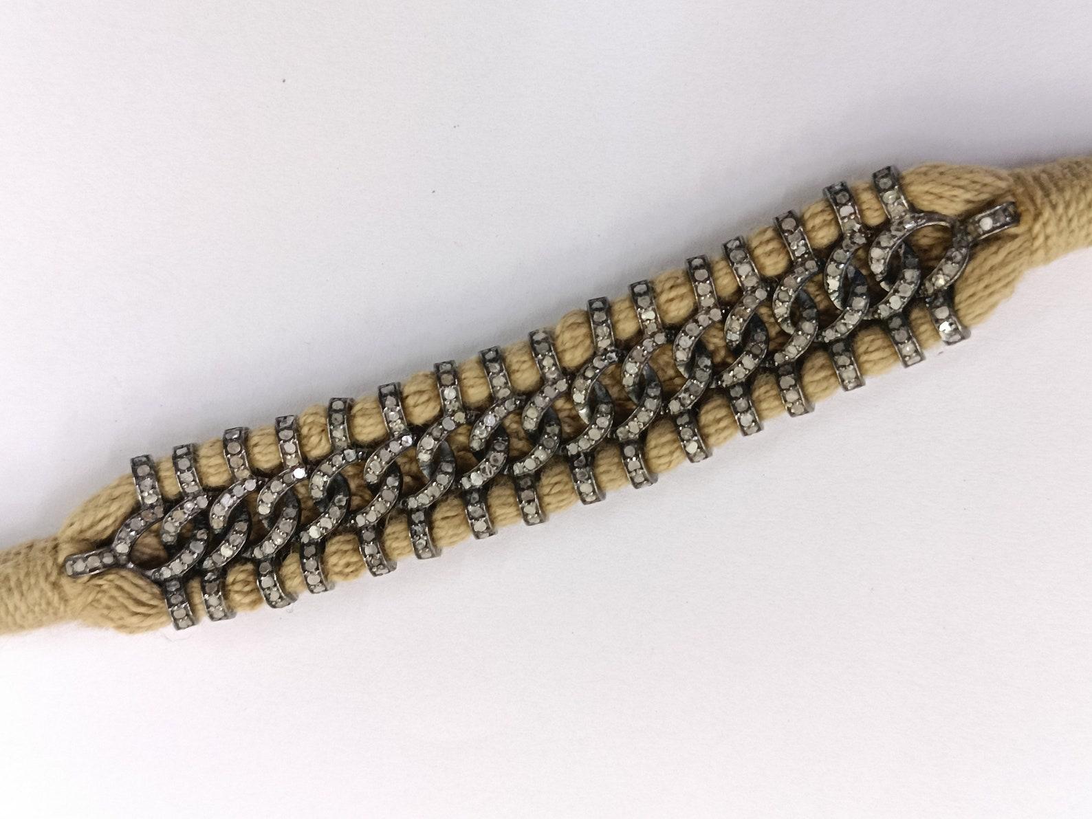 Pave Diamond Bracelet Antique Jewelry 925 Sterling Silver Thread Macrame Work. For Sale 3