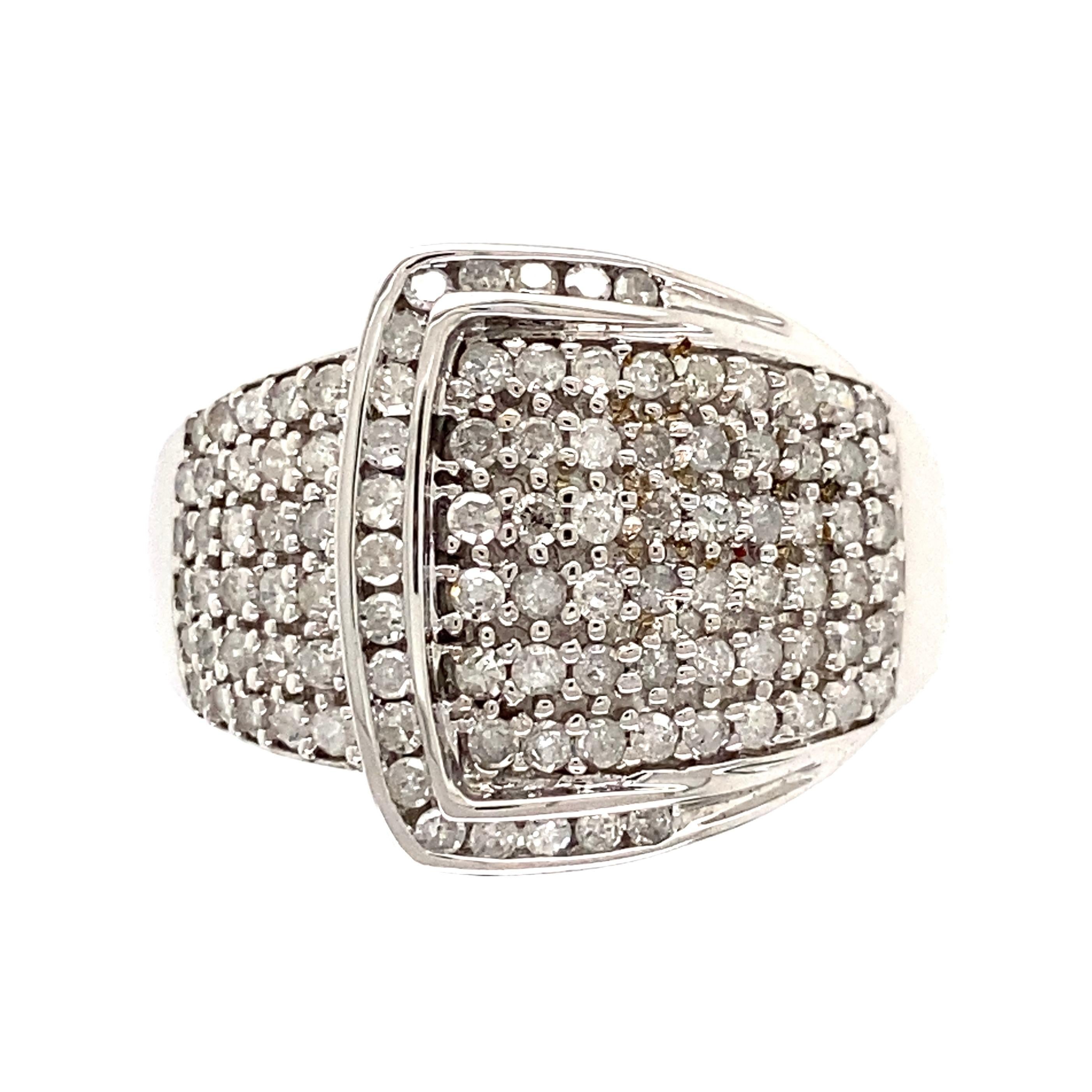 Awesome Diamond Buckle Gold Ring. Pave Hand set with Diamonds, weighing approx. 1.70tcw. Hand crafted 14K White Gold mounting. Ring size 10.25, we offer ring resizing. More Beautiful in real time...A piece you’ll turn to time and time again! 
