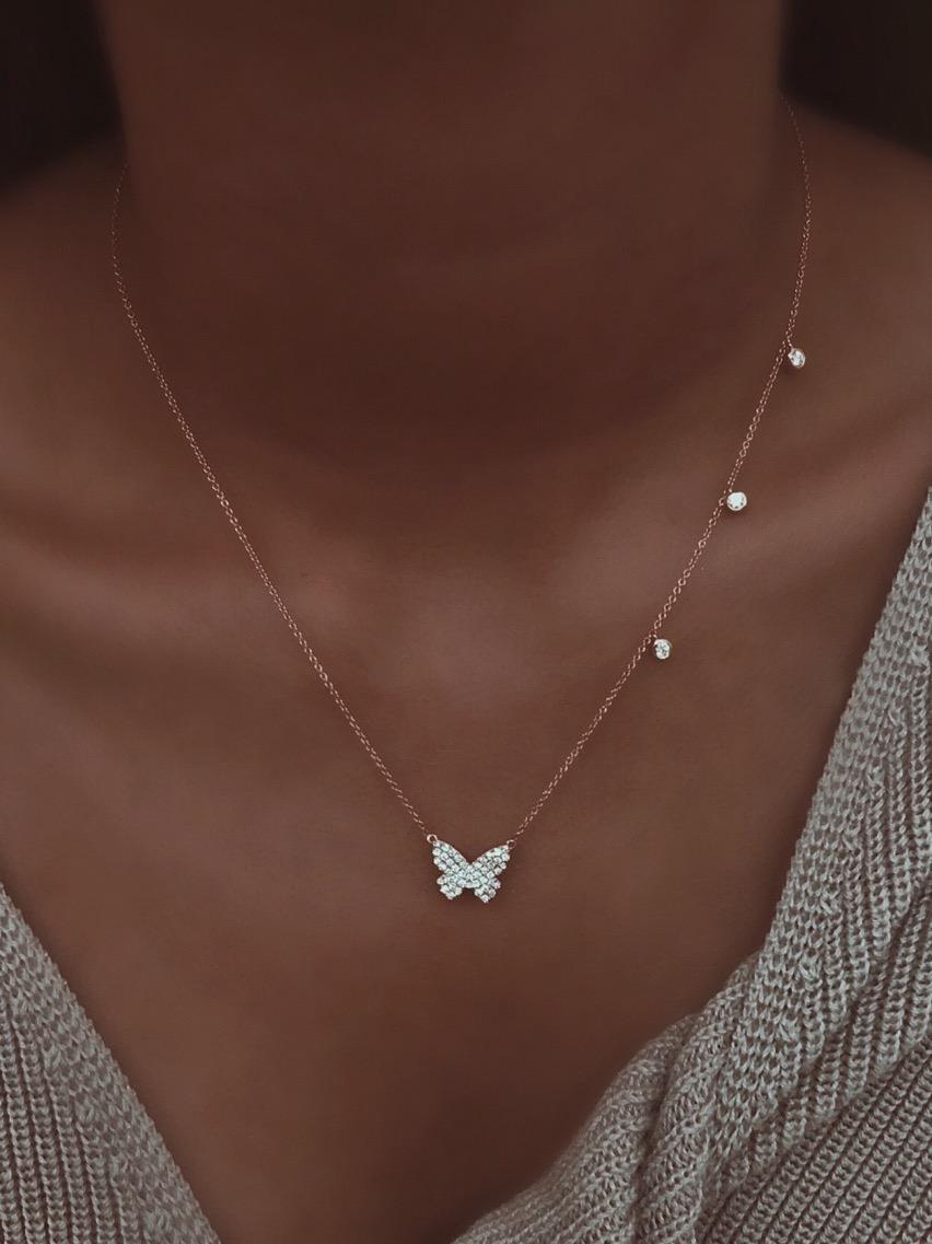 Contemporary Pave Diamond Butterfly Necklace in 18 Karat Rose Gold For Sale