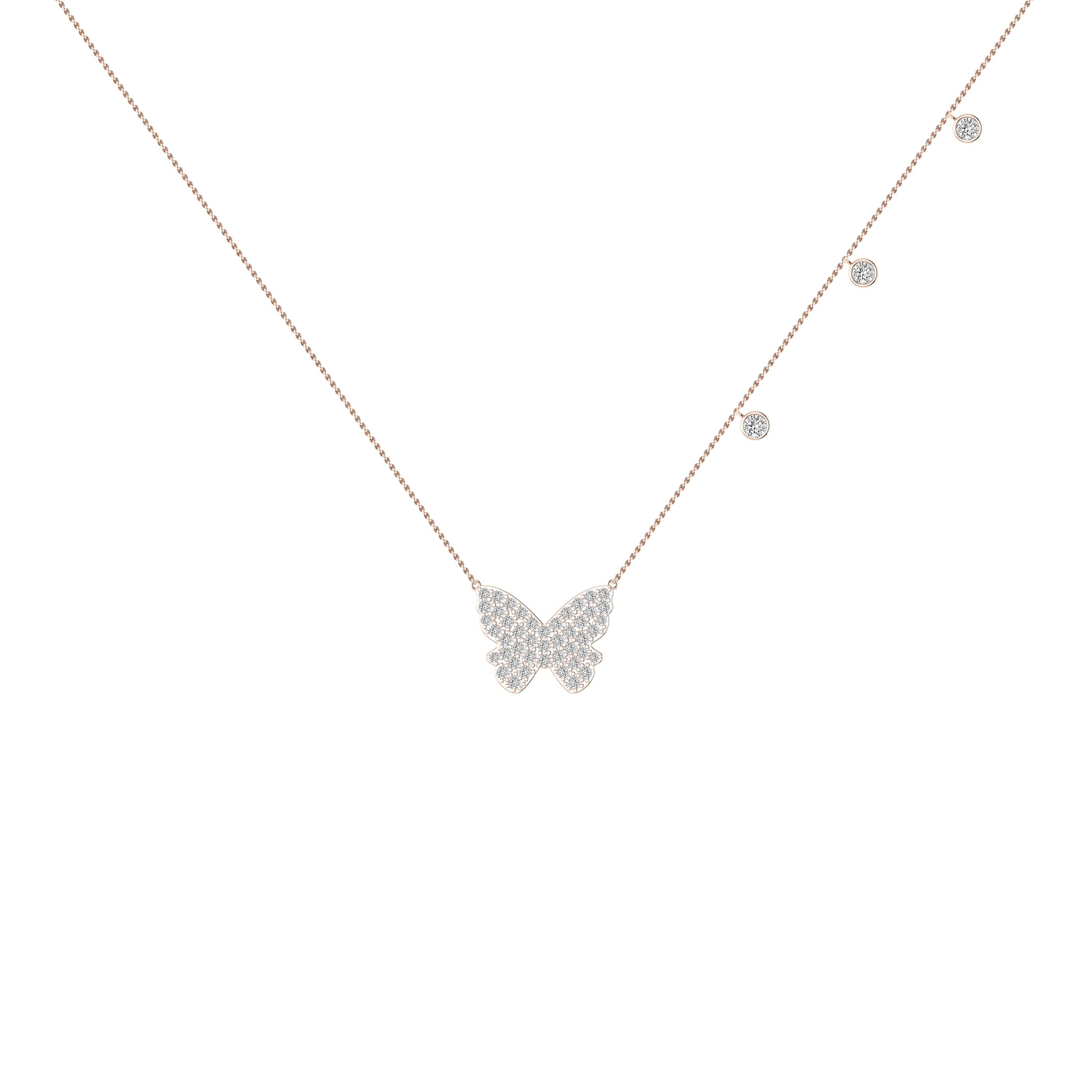 Round Cut Pave Diamond Butterfly Necklace in 18 Karat Rose Gold For Sale