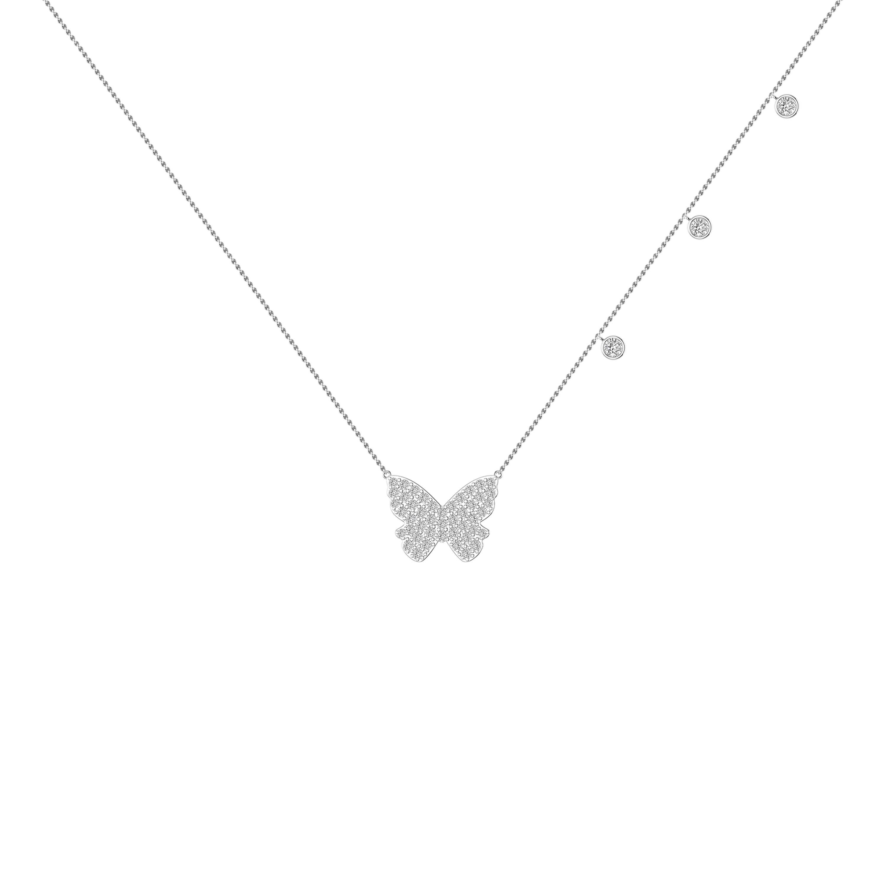 Round Cut Pave Diamond Butterfly Necklace in 18 Karat White Gold For Sale