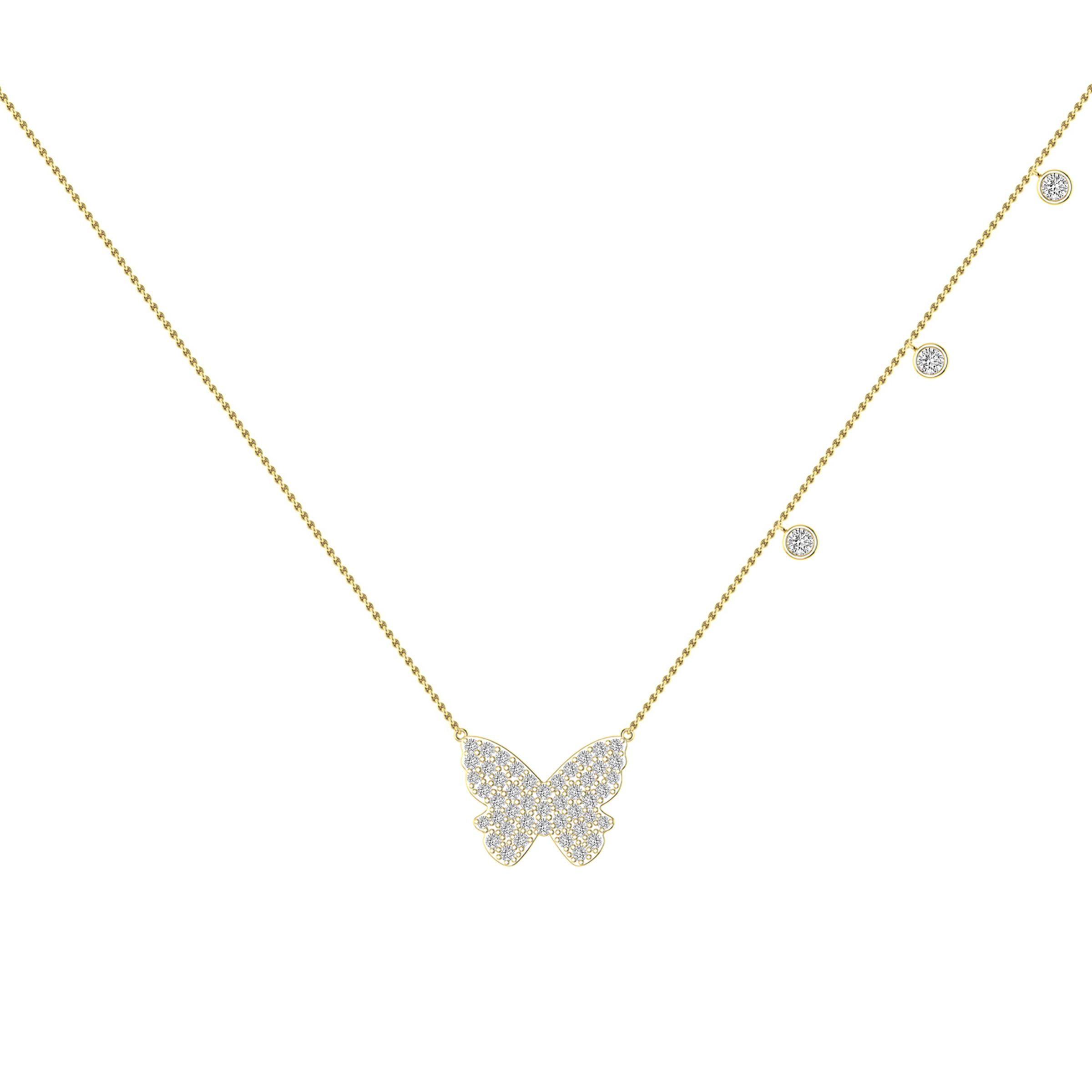 Contemporary Pave Diamond Butterfly Necklace in 18 Karat Yellow Gold For Sale