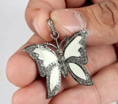 Pave Diamond Butterfly Pendant Enamel Butterfly Charm 925 Sterling Silver Gift.