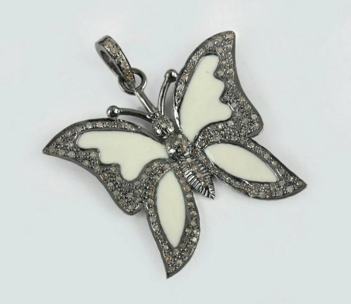 Art déco Pendentif papillon diamant pavé breloque papillon émail argent 925 cadeau. en vente