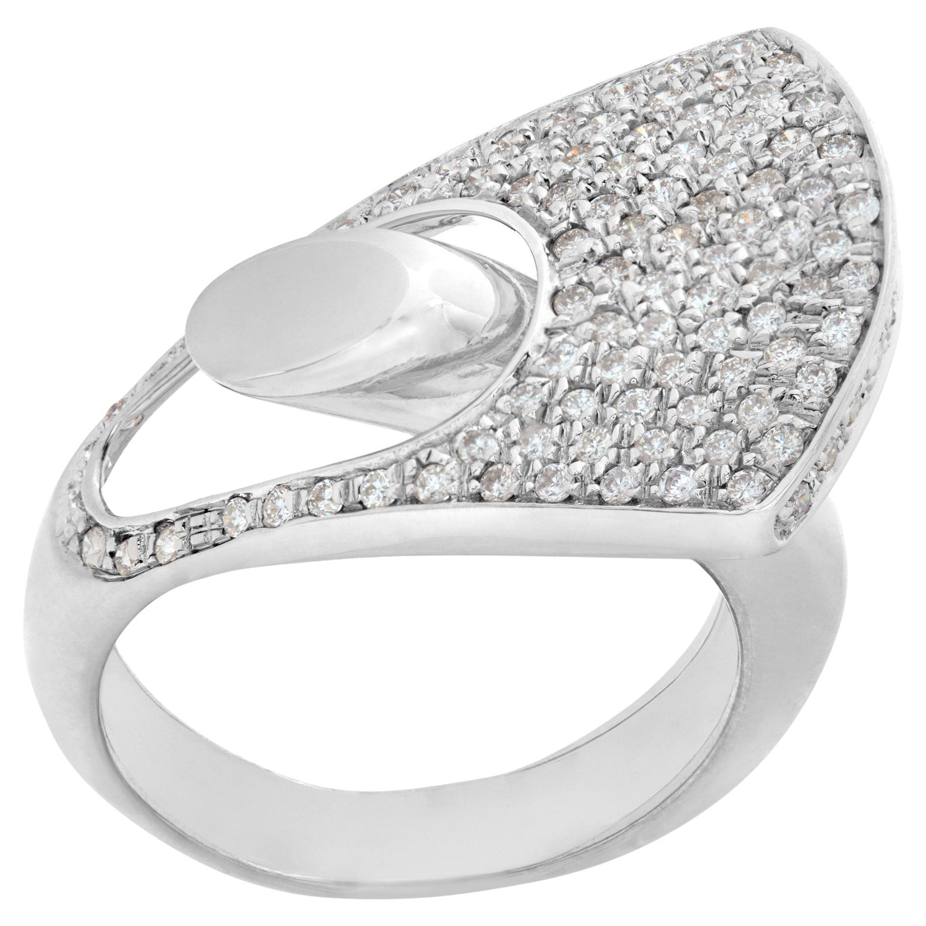 Pave Diamond Bypass Ring in 18k White Gold with over 1 Carats in Pave Set Round  For Sale