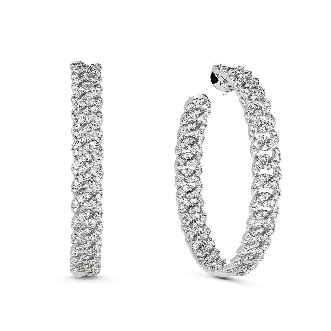 Round Cut Pave Diamond Chain Link Hoop Earrings For Sale