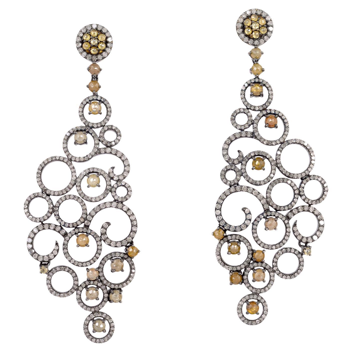 Pave Diamond Circle Dangle Earrings Made In 18k Yellow Gold For Sale