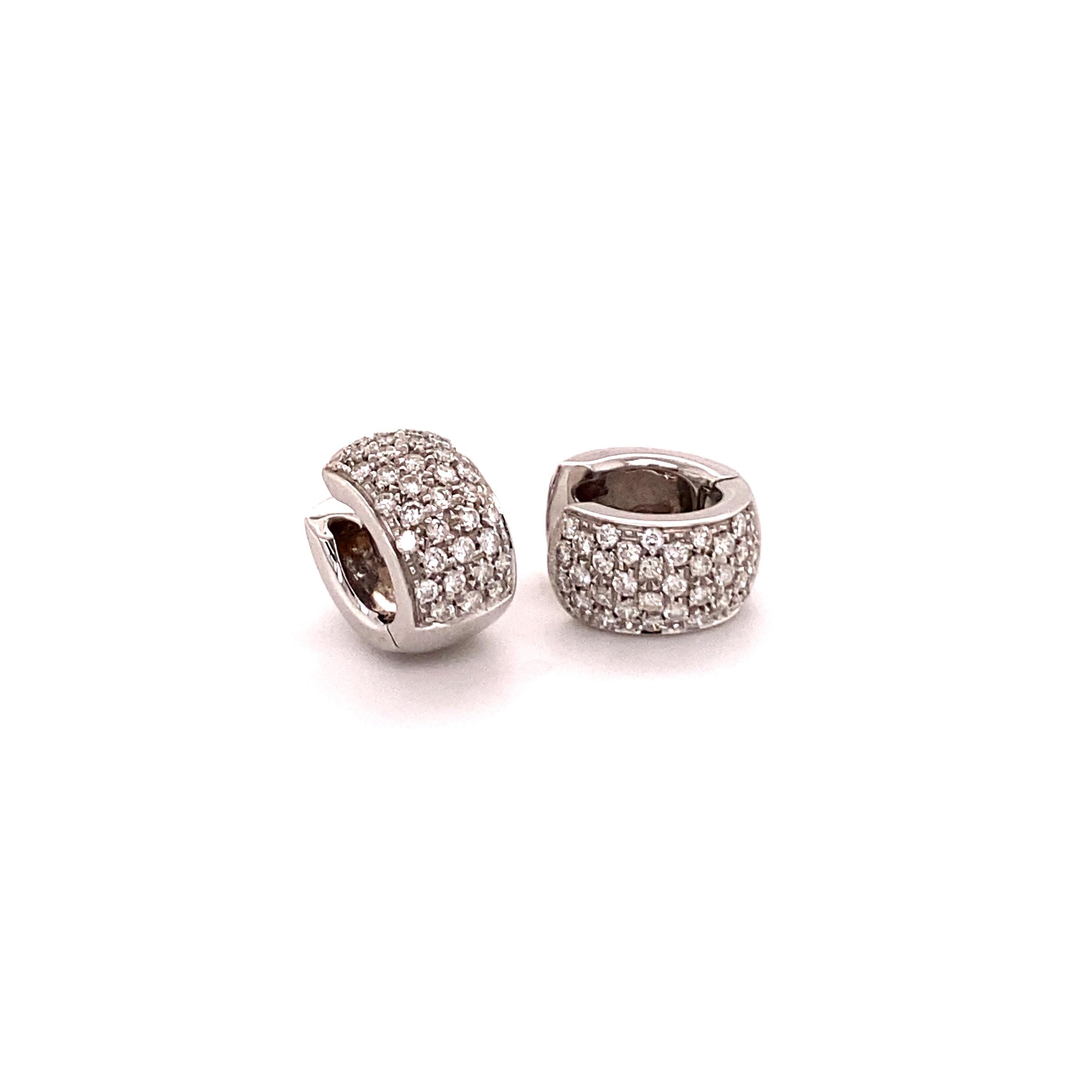 Elegant and classic diamond clip-on earrings crafted in 18K white gold. Two pavé set beds with a total of 70 brilliant-cut diamonds together weighing 0.84 carats . The diamonds are of G/H colour and si clarity.

A must have in every modern jewellery