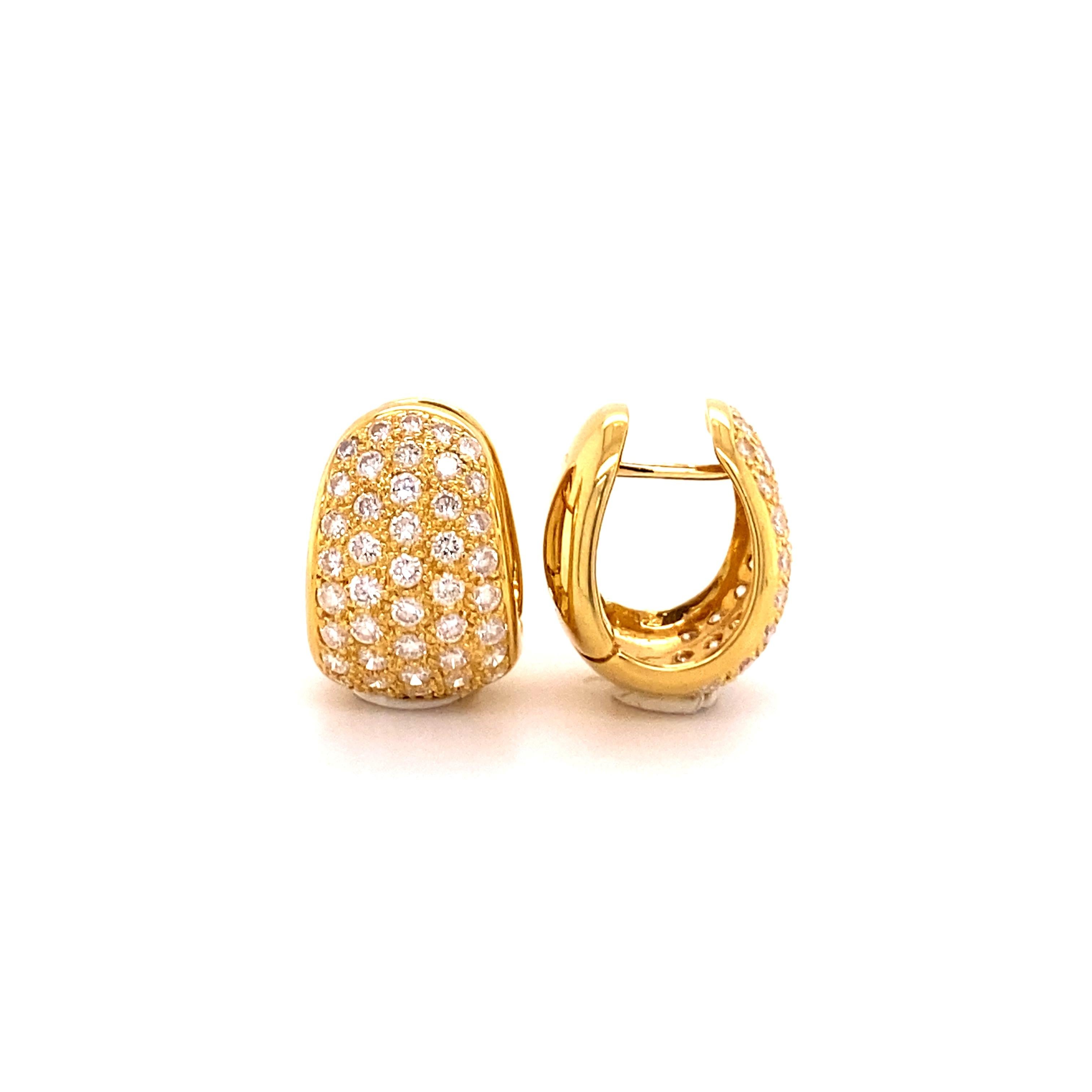 Elegant and classic diamond clip-on earrings crafted in 18K yellow gold. Two pavé set beds with a total of 86 brilliant-cut diamonds together weighing 1.72 carats . The diamonds are of G/H colour and si clarity.

A must have in every modern