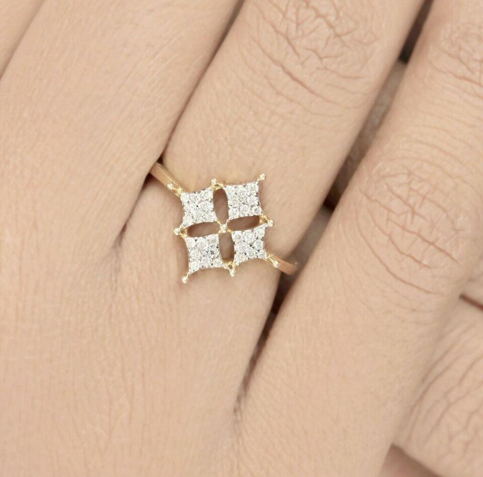 Art Deco Pave Diamond Clover Ring 14k Gold Minimalist ring SI Quality G-H Color Fine ring For Sale