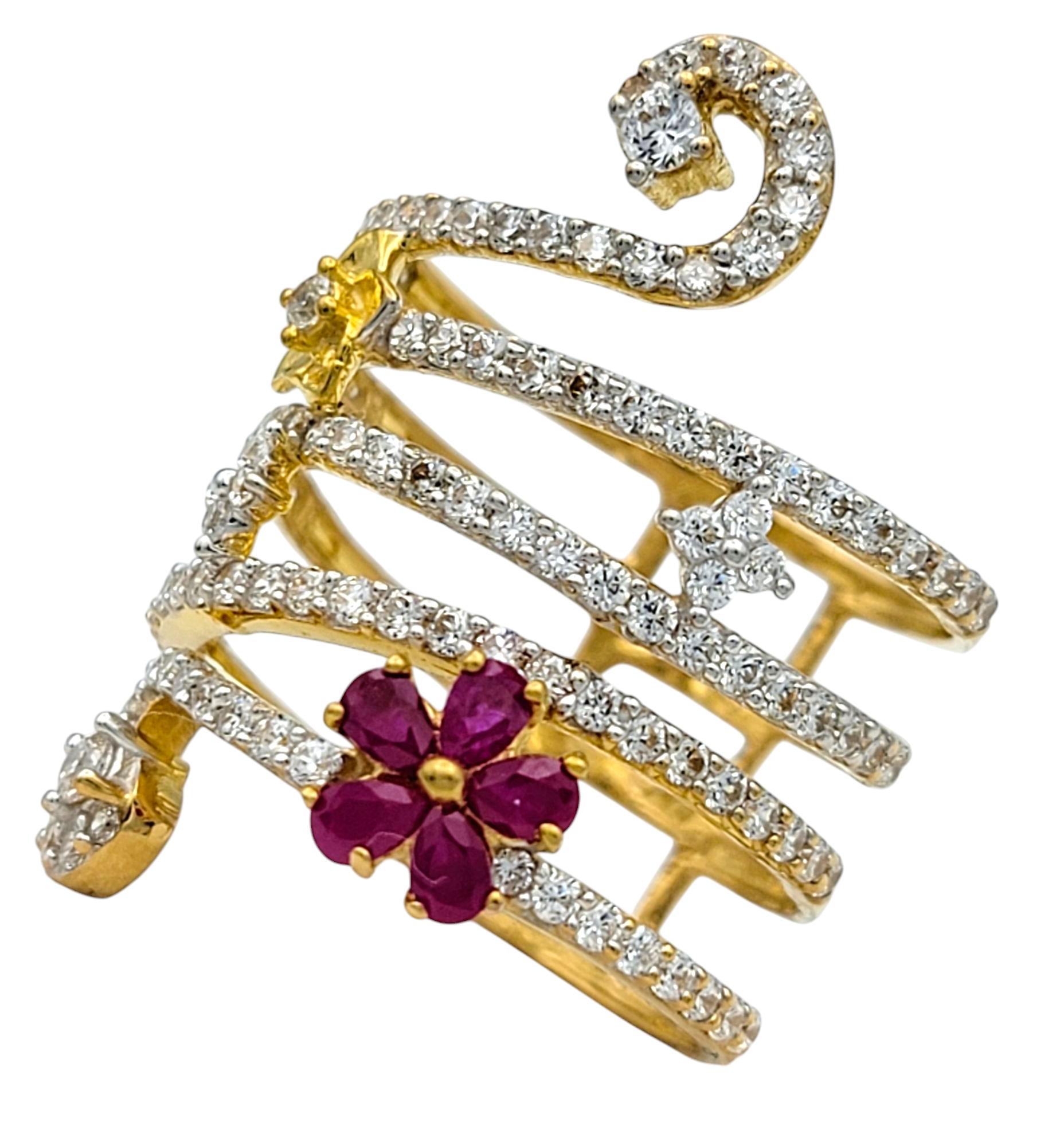 Contemporary Pavé Diamond Coil Ring with Ruby and Gold Flowers in 22 Karat Yellow Gold For Sale