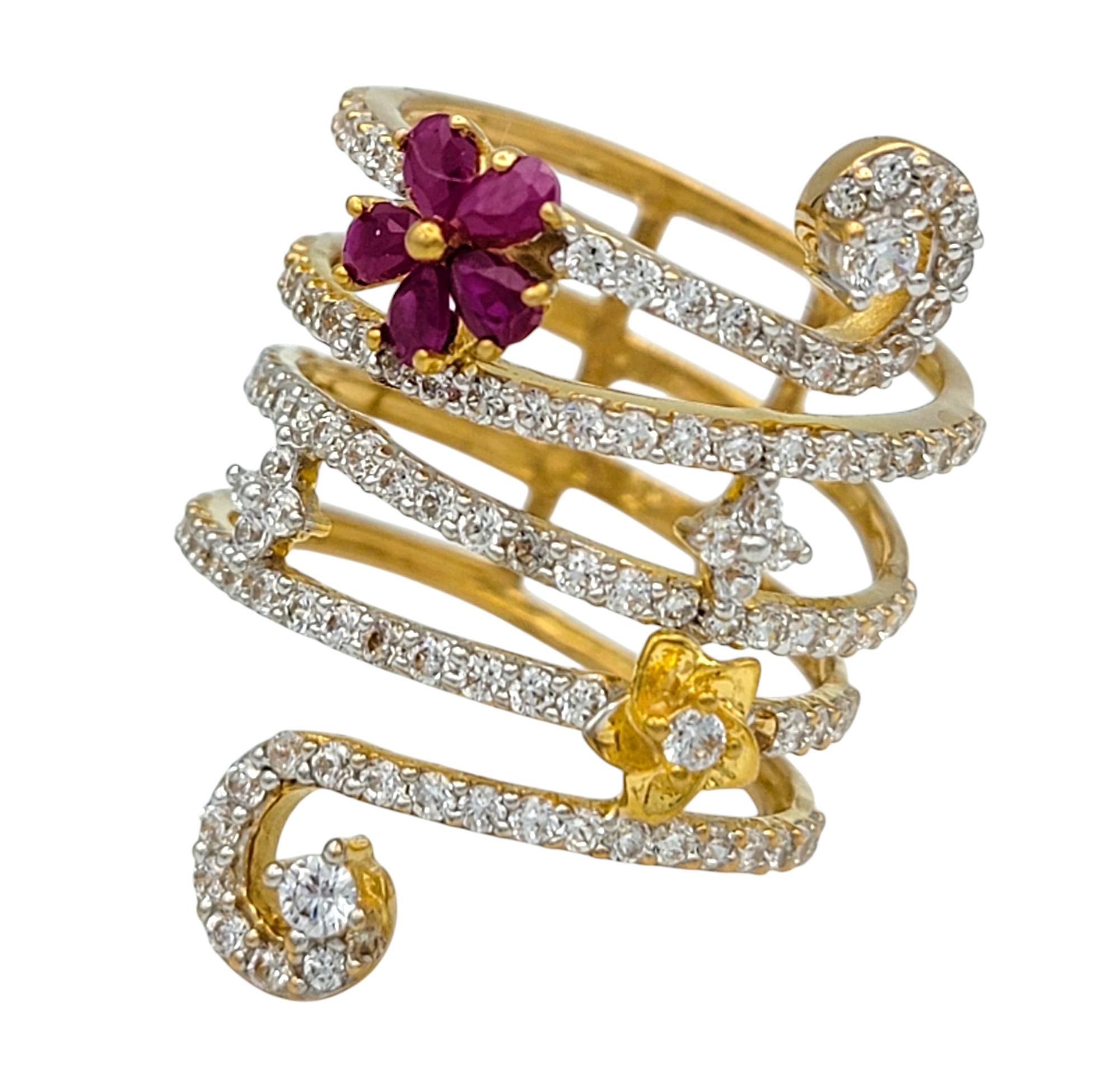 Round Cut Pavé Diamond Coil Ring with Ruby and Gold Flowers in 22 Karat Yellow Gold For Sale