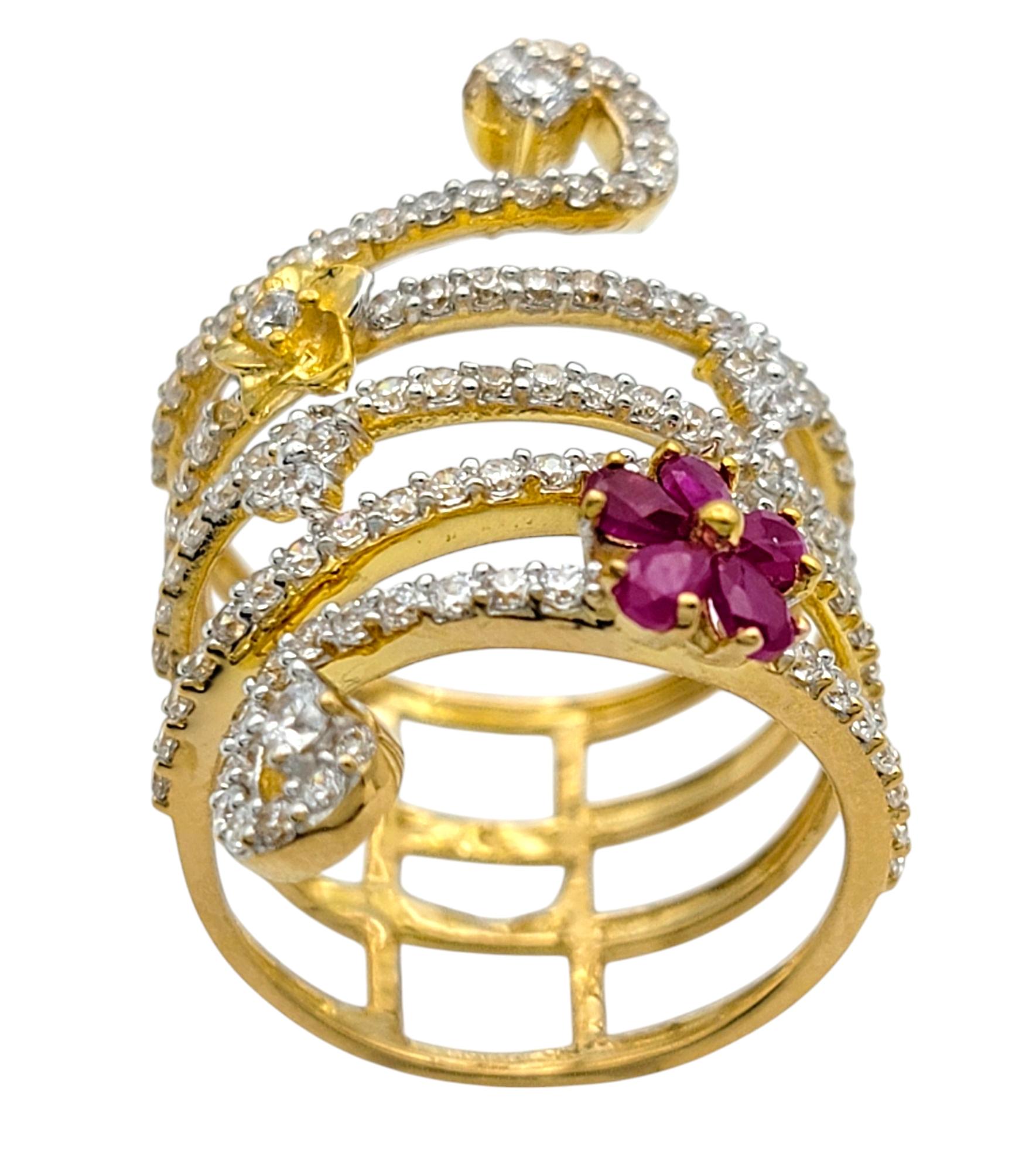 Pavé Diamond Coil Ring with Ruby and Gold Flowers in 22 Karat Yellow Gold In Good Condition For Sale In Scottsdale, AZ
