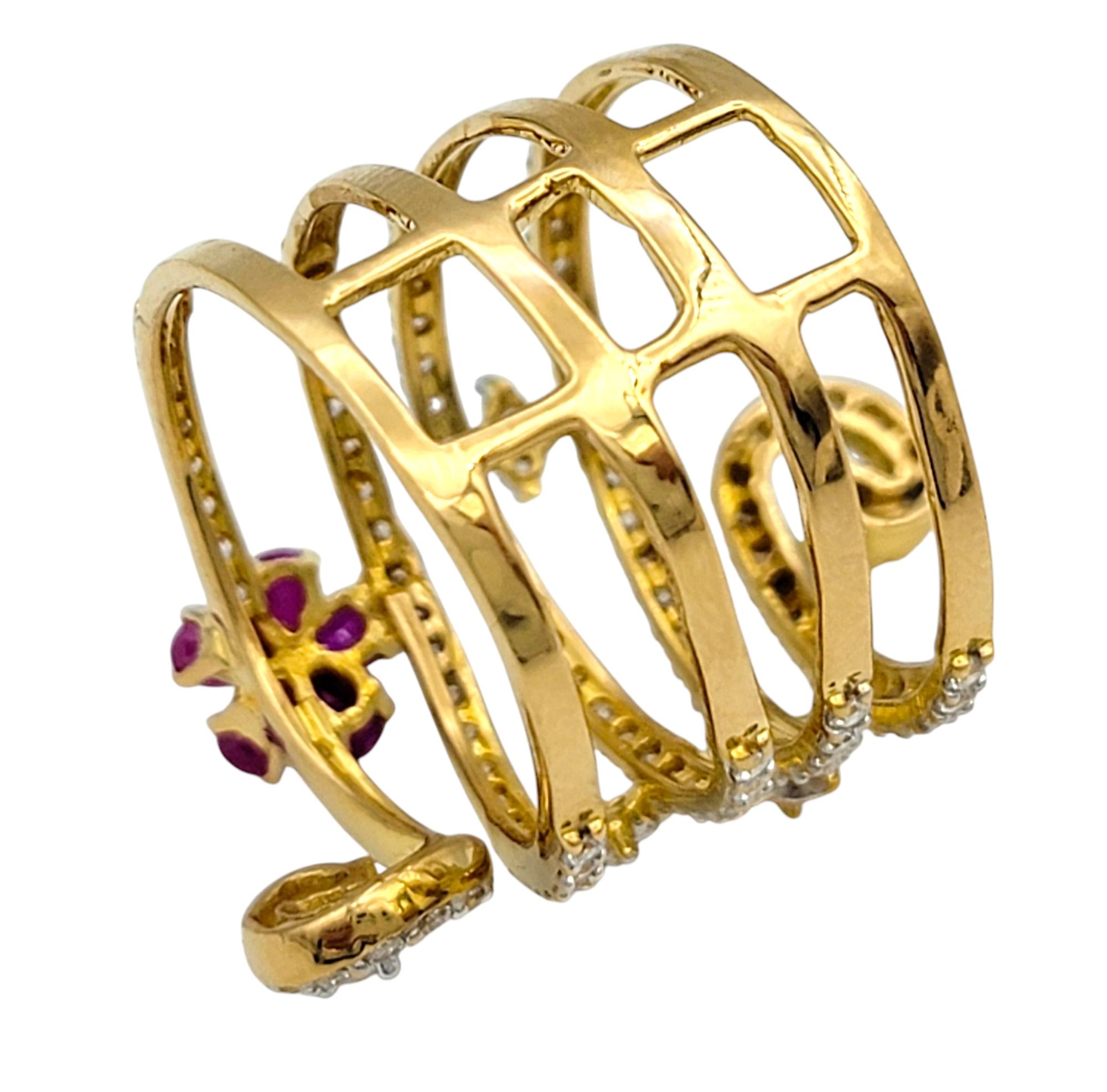 Women's Pavé Diamond Coil Ring with Ruby and Gold Flowers in 22 Karat Yellow Gold For Sale