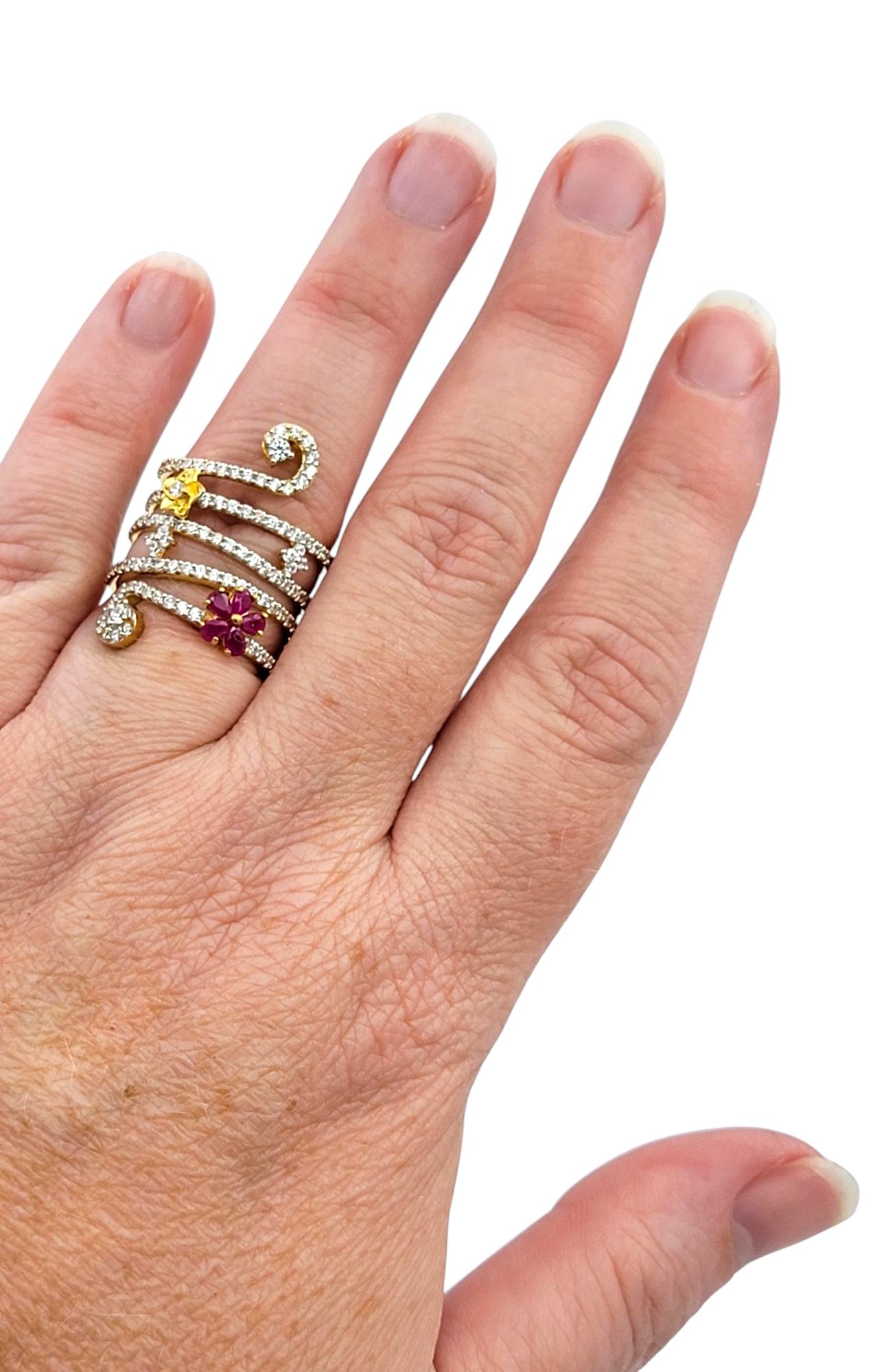 Pavé Diamond Coil Ring with Ruby and Gold Flowers in 22 Karat Yellow Gold For Sale 1