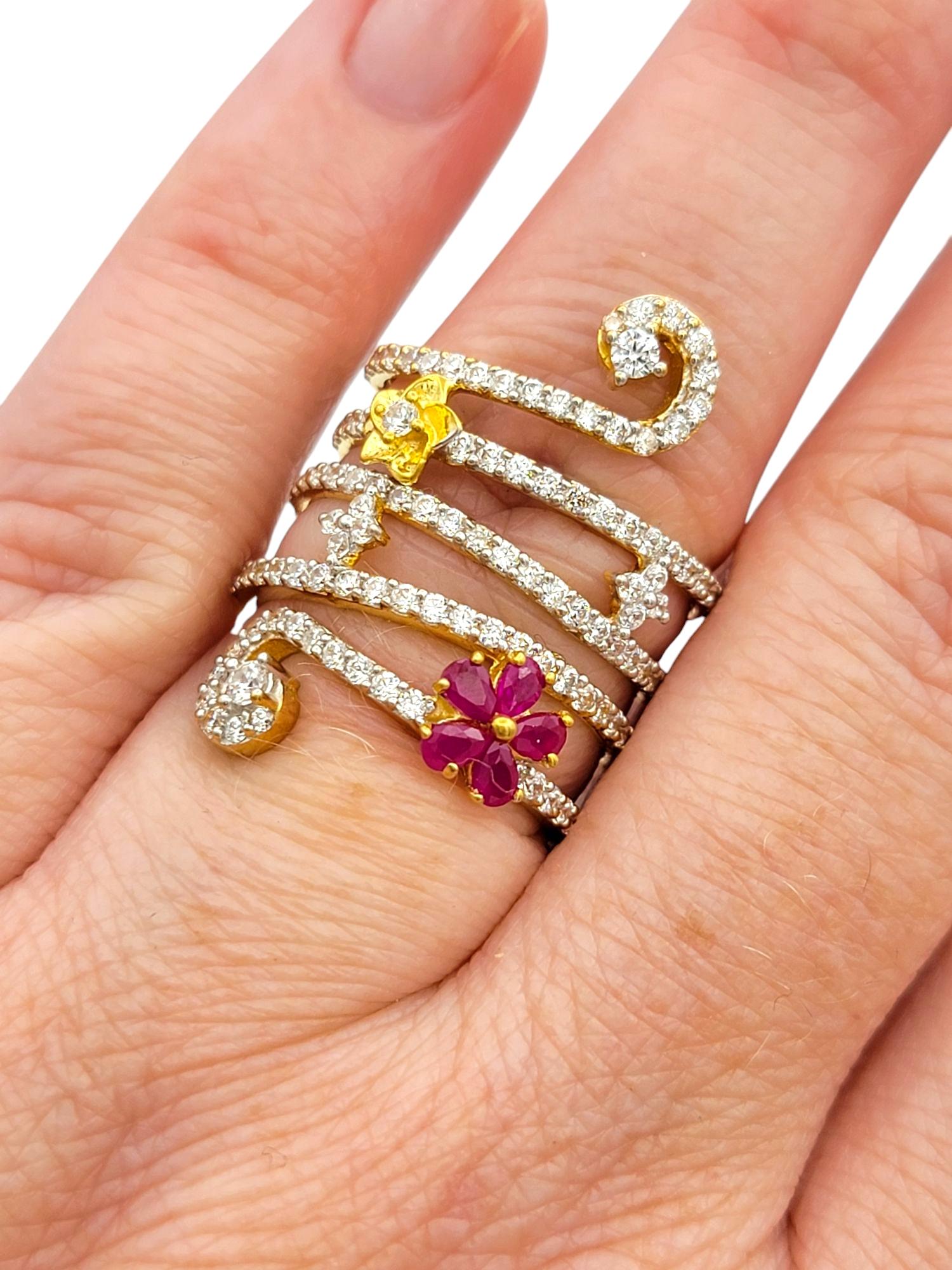Pavé Diamond Coil Ring with Ruby and Gold Flowers in 22 Karat Yellow Gold For Sale 2