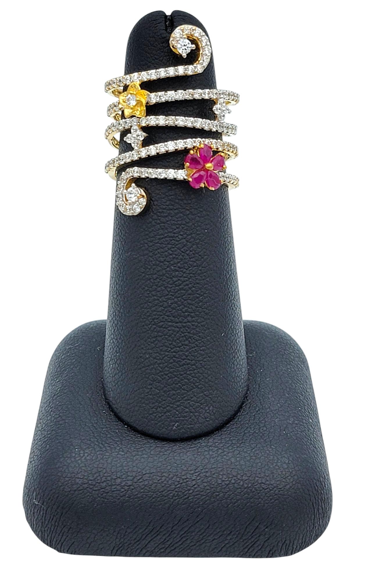 Pavé Diamond Coil Ring with Ruby and Gold Flowers in 22 Karat Yellow Gold For Sale 3