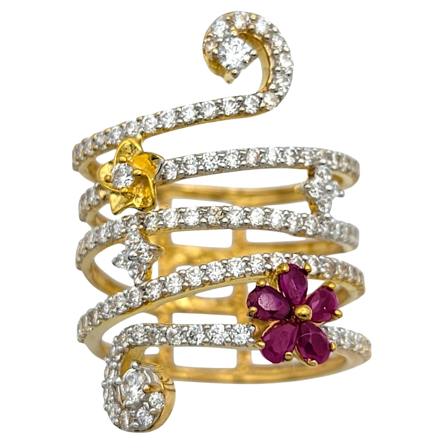 Pavé Diamond Coil Ring with Ruby and Gold Flowers in 22 Karat Yellow Gold For Sale