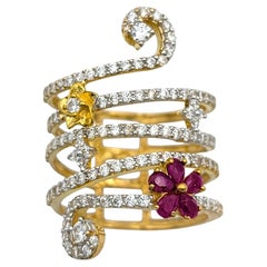 Pavé Diamond Coil Ring with Ruby and Gold Flowers in 22 Karat Yellow Gold