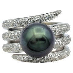 Pavé Diamond Coiled Wide Band Ring with Tahitian Pearl in 18 Karat White Gold