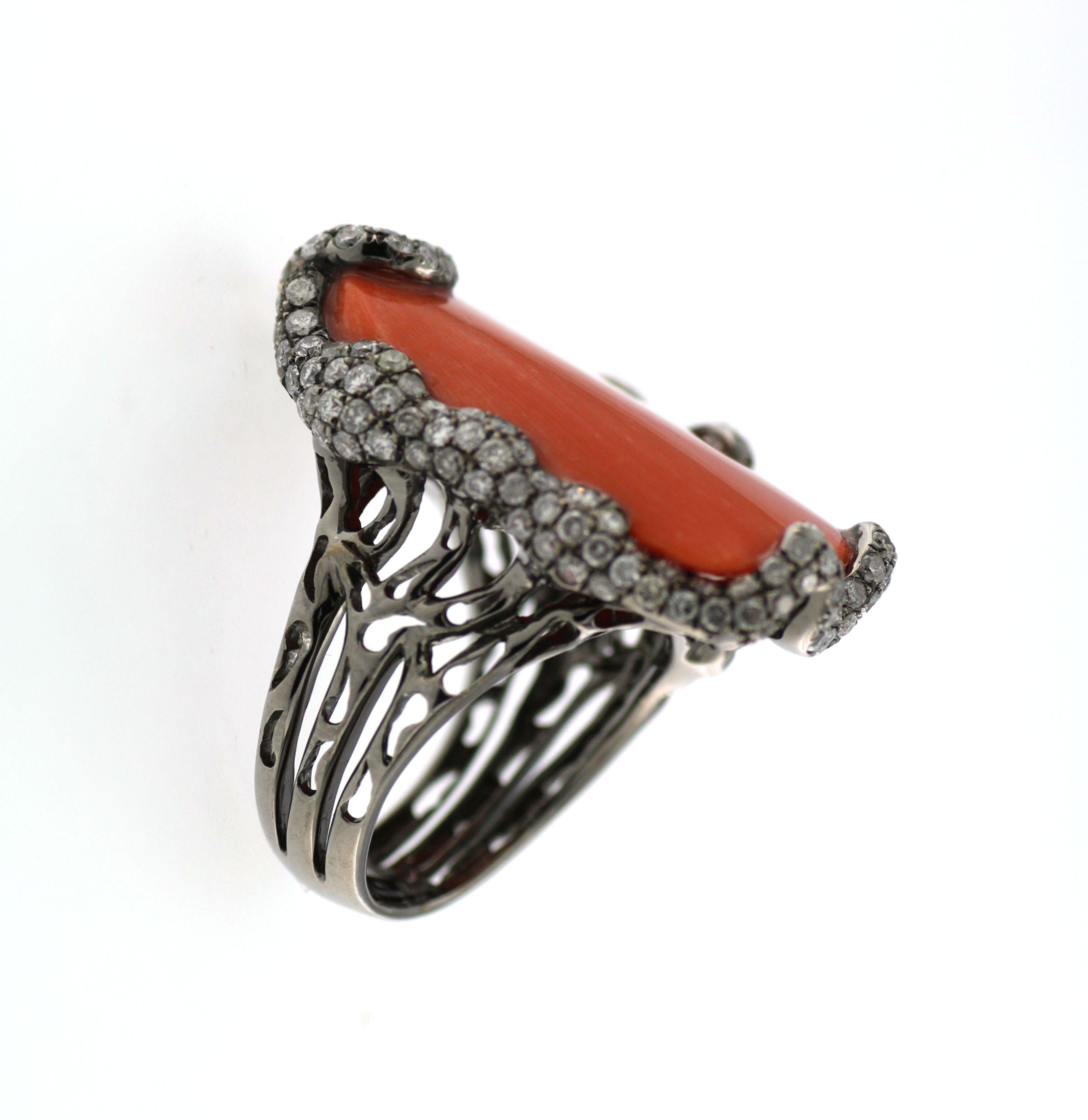 Art Deco Pave Diamond Coral Ring 18K Gold Black Rodium For Sale