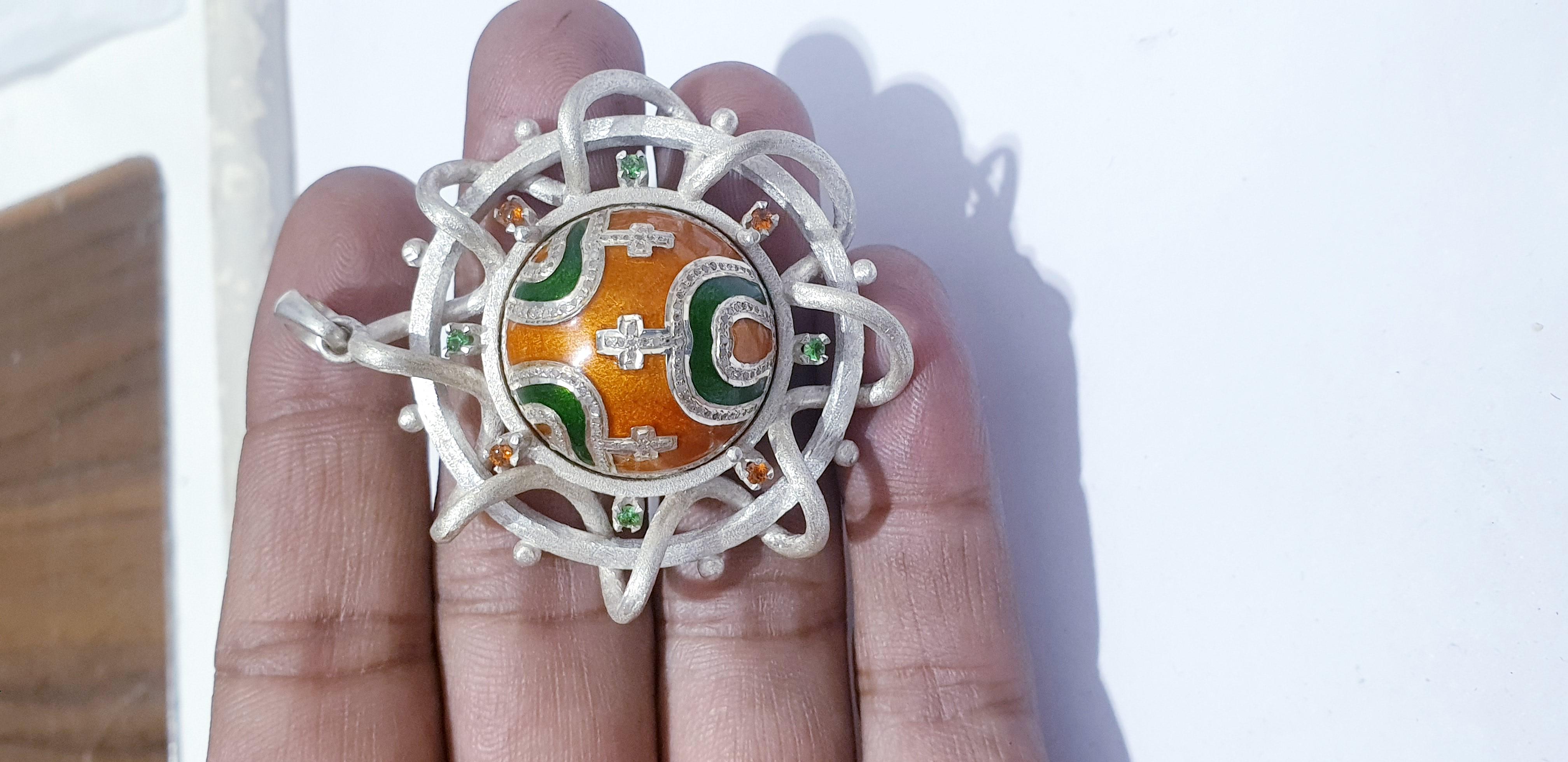 Pave diamond corss enamel pendant enamel necklace Tsavorite, Mandrin pandent For Sale 5