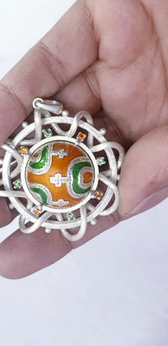 Pave diamond corss enamel pendant enamel necklace Tsavorite, Mandrin pandent