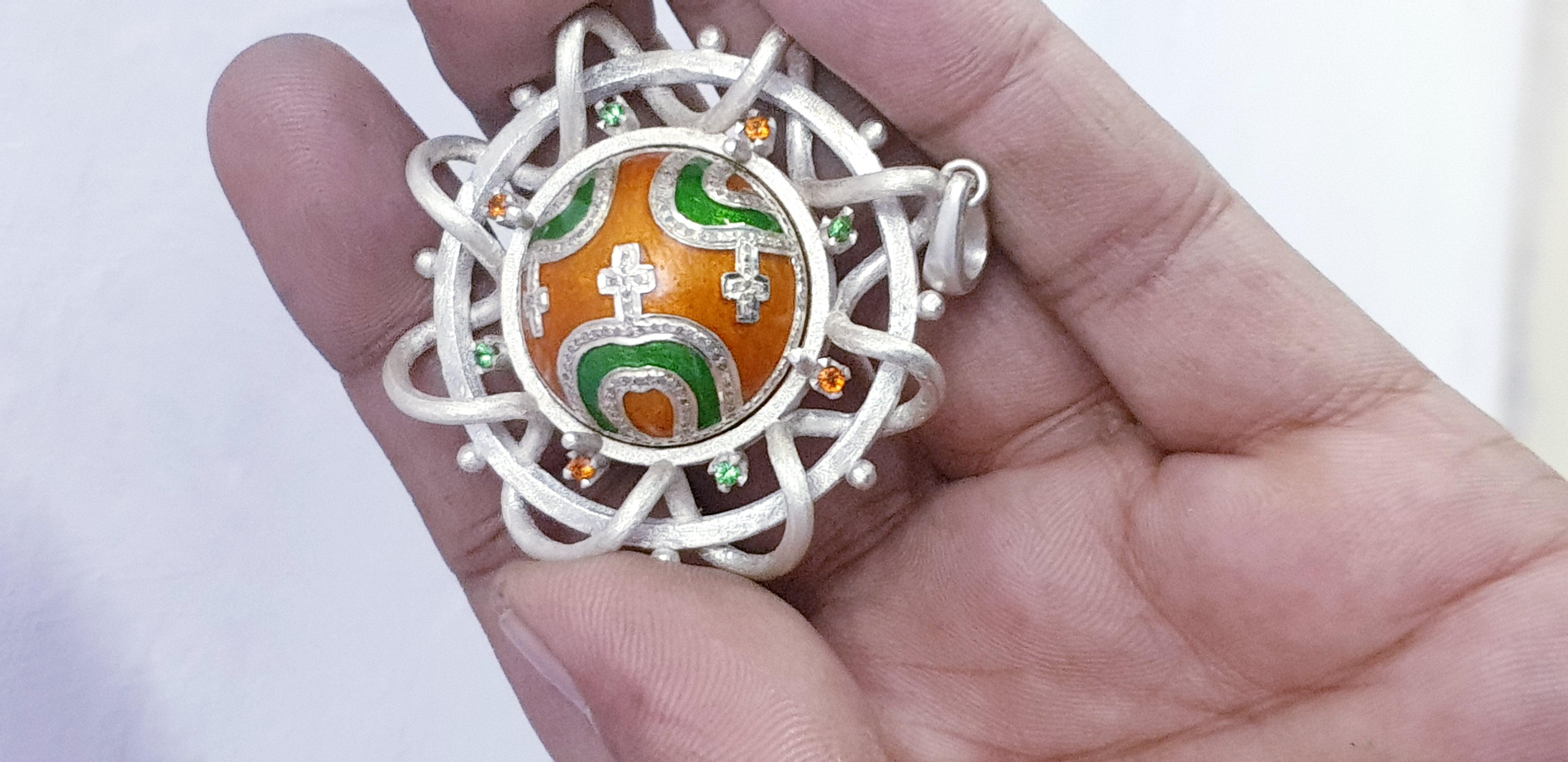 Art Deco Pave diamond corss enamel pendant enamel necklace Tsavorite, Mandrin pandent For Sale