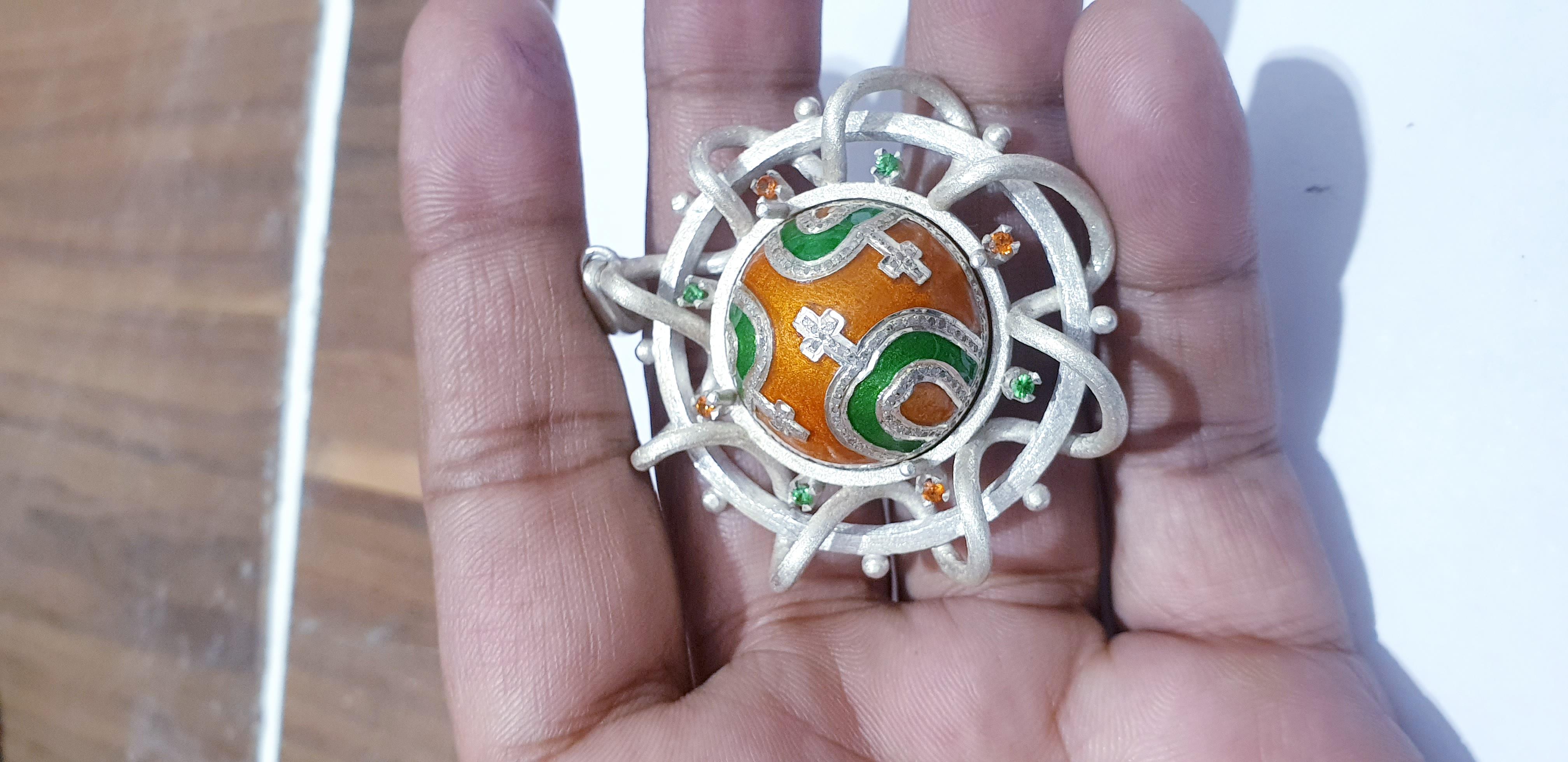 Round Cut Pave diamond corss enamel pendant enamel necklace Tsavorite, Mandrin pandent For Sale