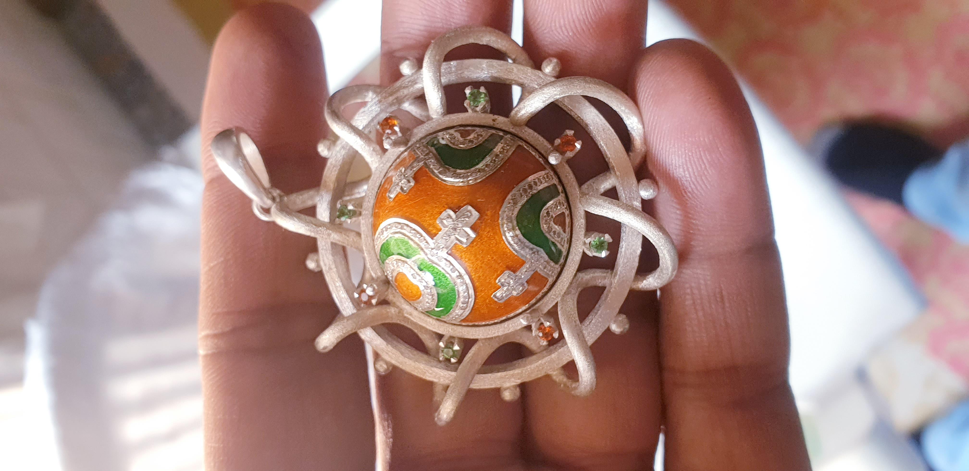 Women's or Men's Pave diamond corss enamel pendant enamel necklace Tsavorite, Mandrin pandent For Sale