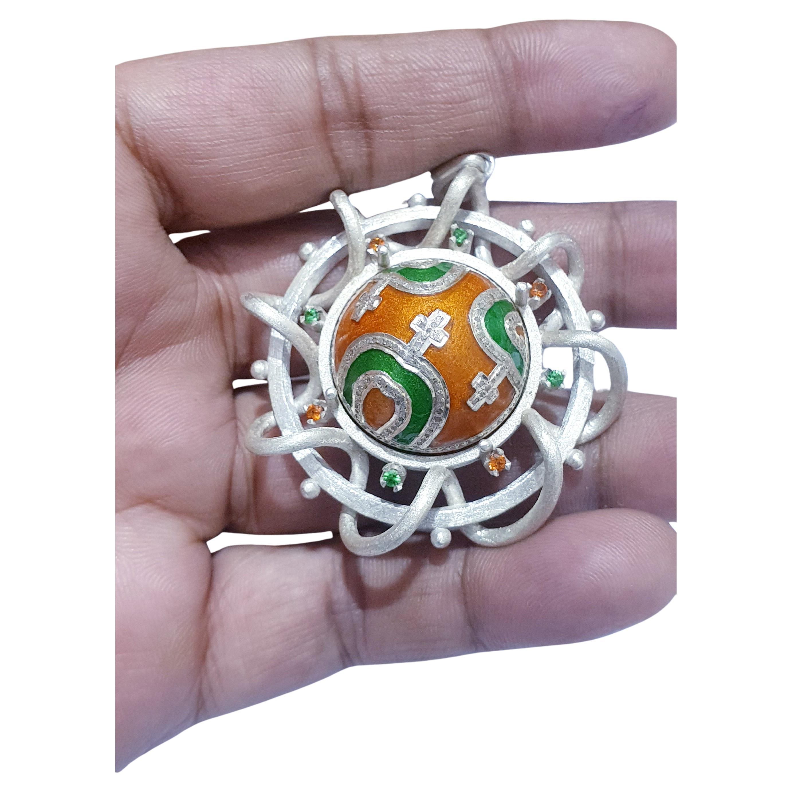 Pave diamond corss enamel pendant enamel necklace Tsavorite, Mandrin pandent For Sale