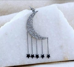 Pave Diamond Crescent Moon Pendant 925 Sterling Silver Moon And Star Charm Gift.