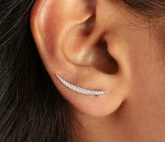 Pave Diamond Crescent Moon Wrap Earring 14k Gold Anniversary Gift Earring Tops.