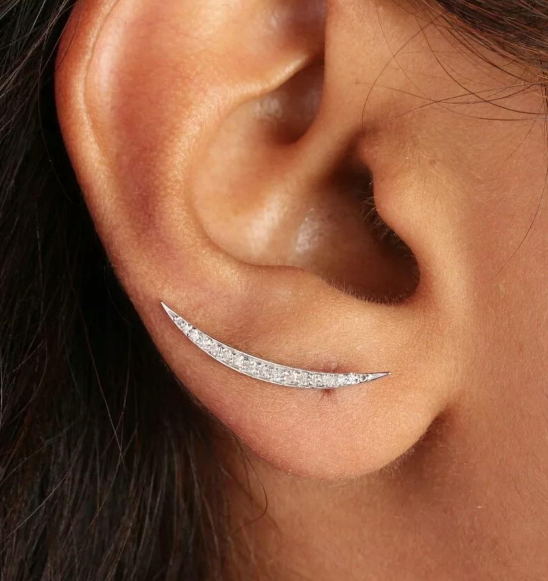 Pave Diamond Crescent Moon Wrap Earring 14k Gold Anniversary Gift Earring Tops. In New Condition For Sale In Chicago, IL